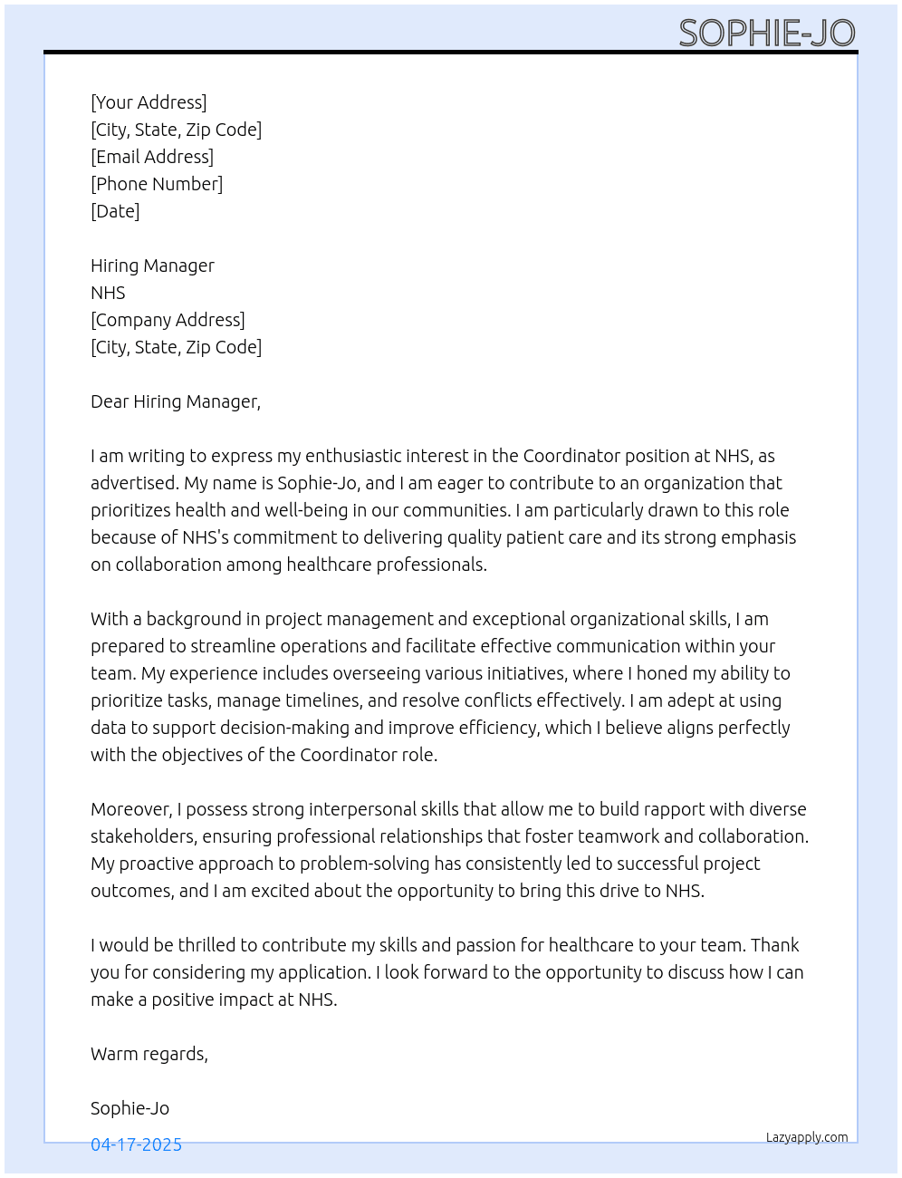 Cover letter for co ordinator - LazyApply