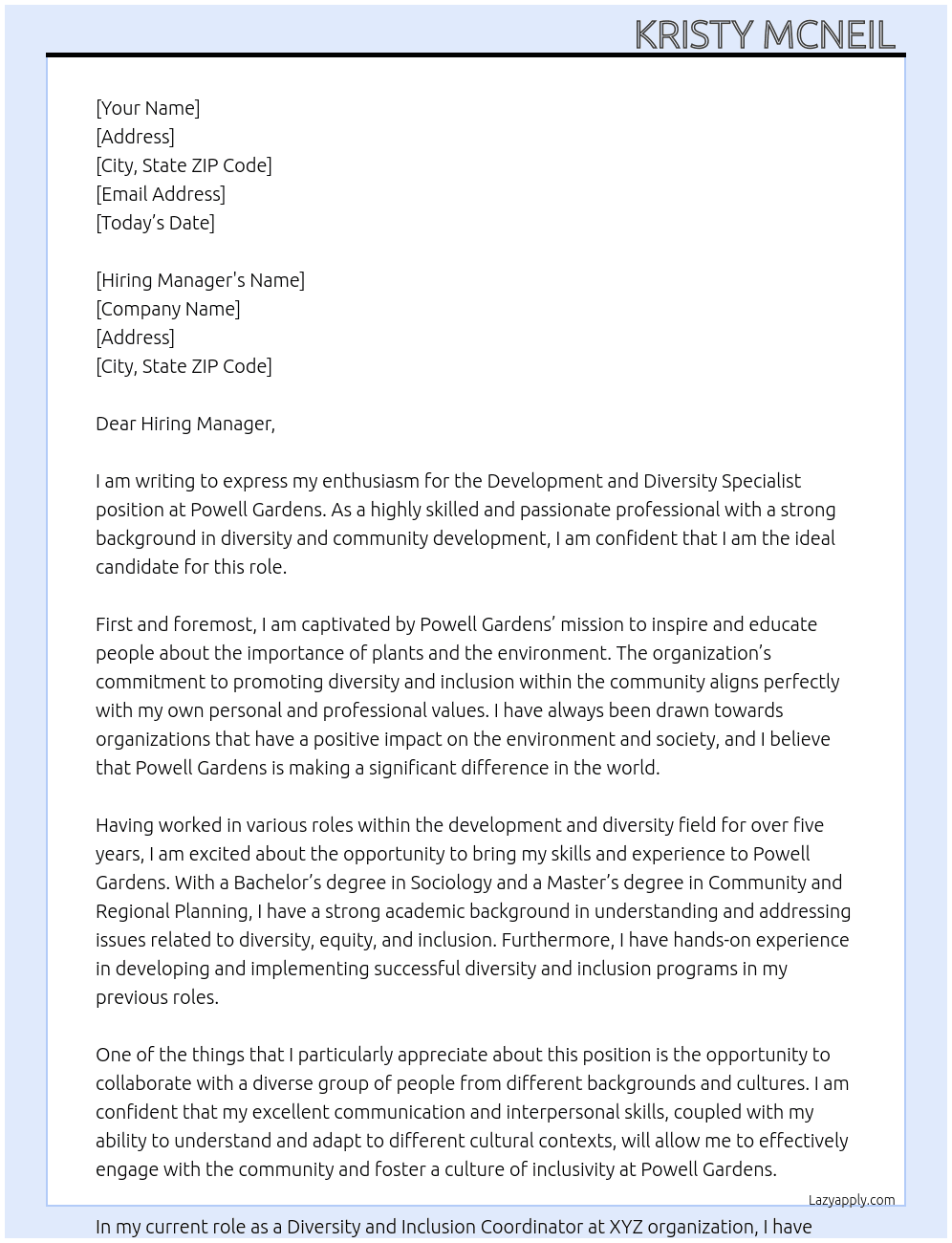 Development and Diversity Specialist  At Powell Gardens  Cover Letter