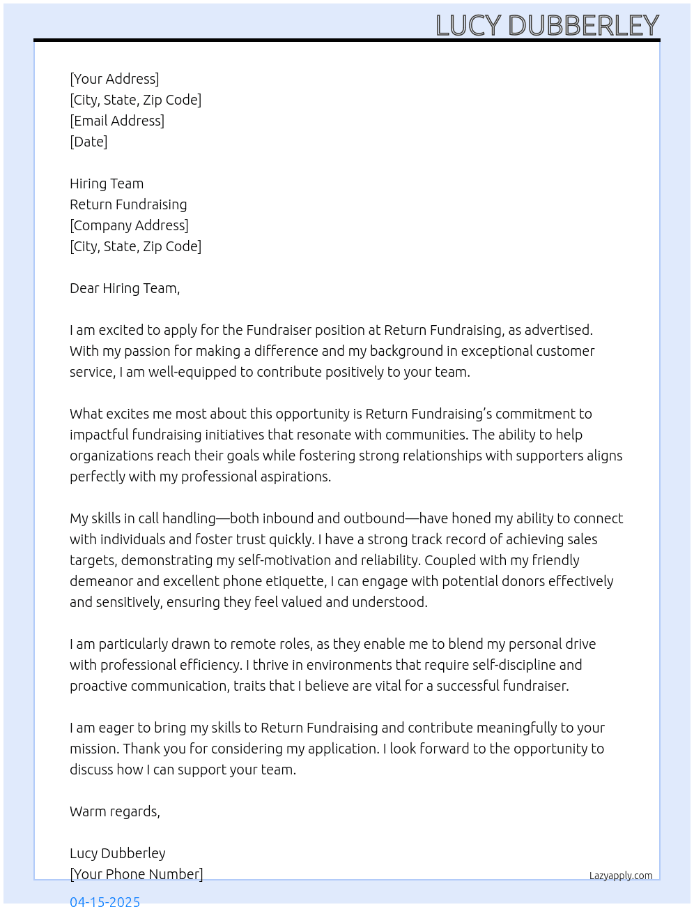 Cover letter for fundraiser - LazyApply