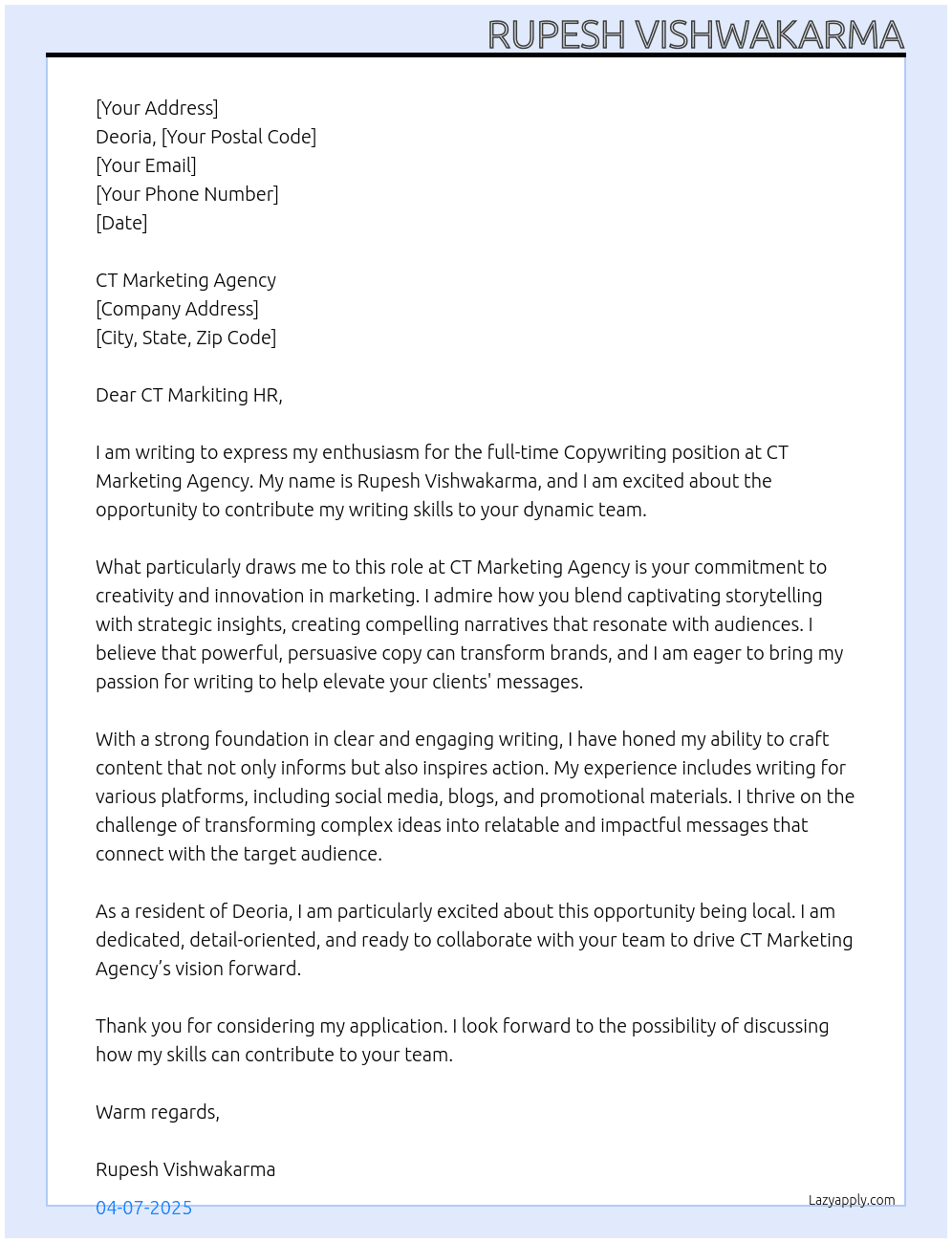 copywriting  At copywriting at ct marketing agency Cover Letter
