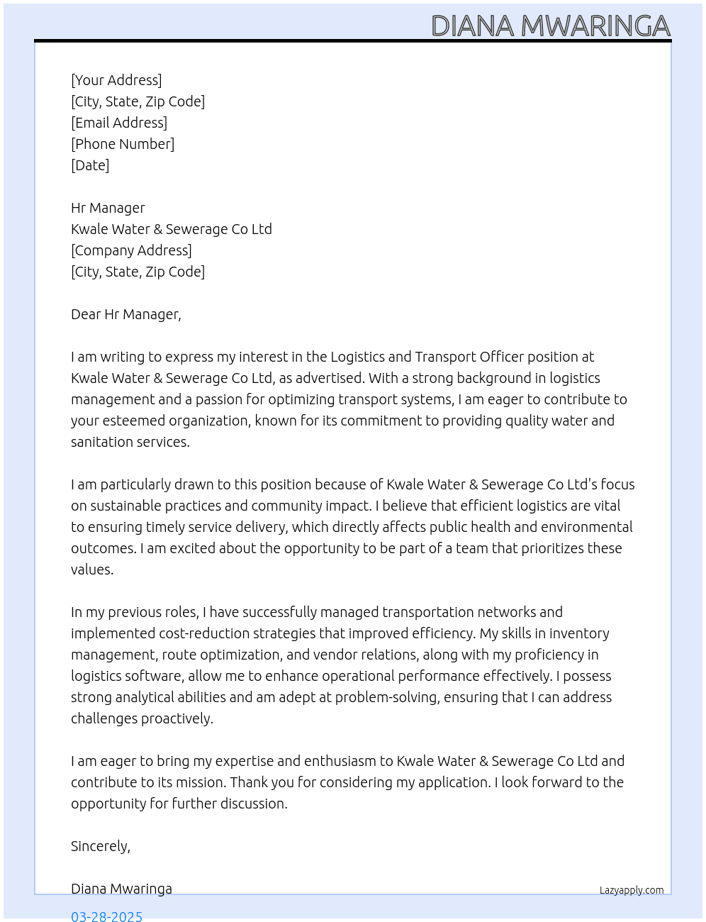 Logistics and Transport Officer At Kwale Water & Sewerage Co Ltd Cover Letter