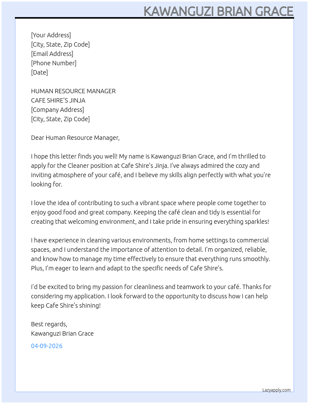 Cleaner At CAFE SHIRE’S JINJA  Cover Letter