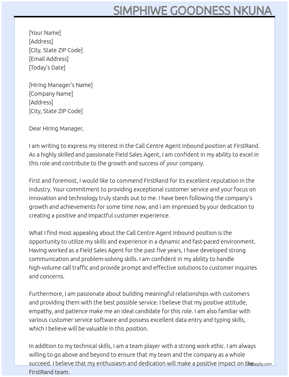 Cover letter for call centre agent inbound - LazyApply