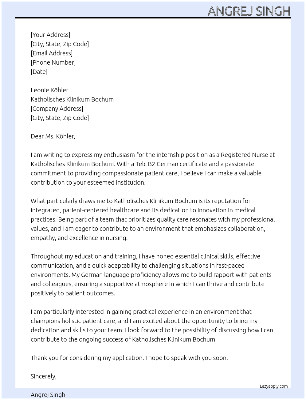 Registered nurse At Katholisches Klinikum Bochum Cover Letter
