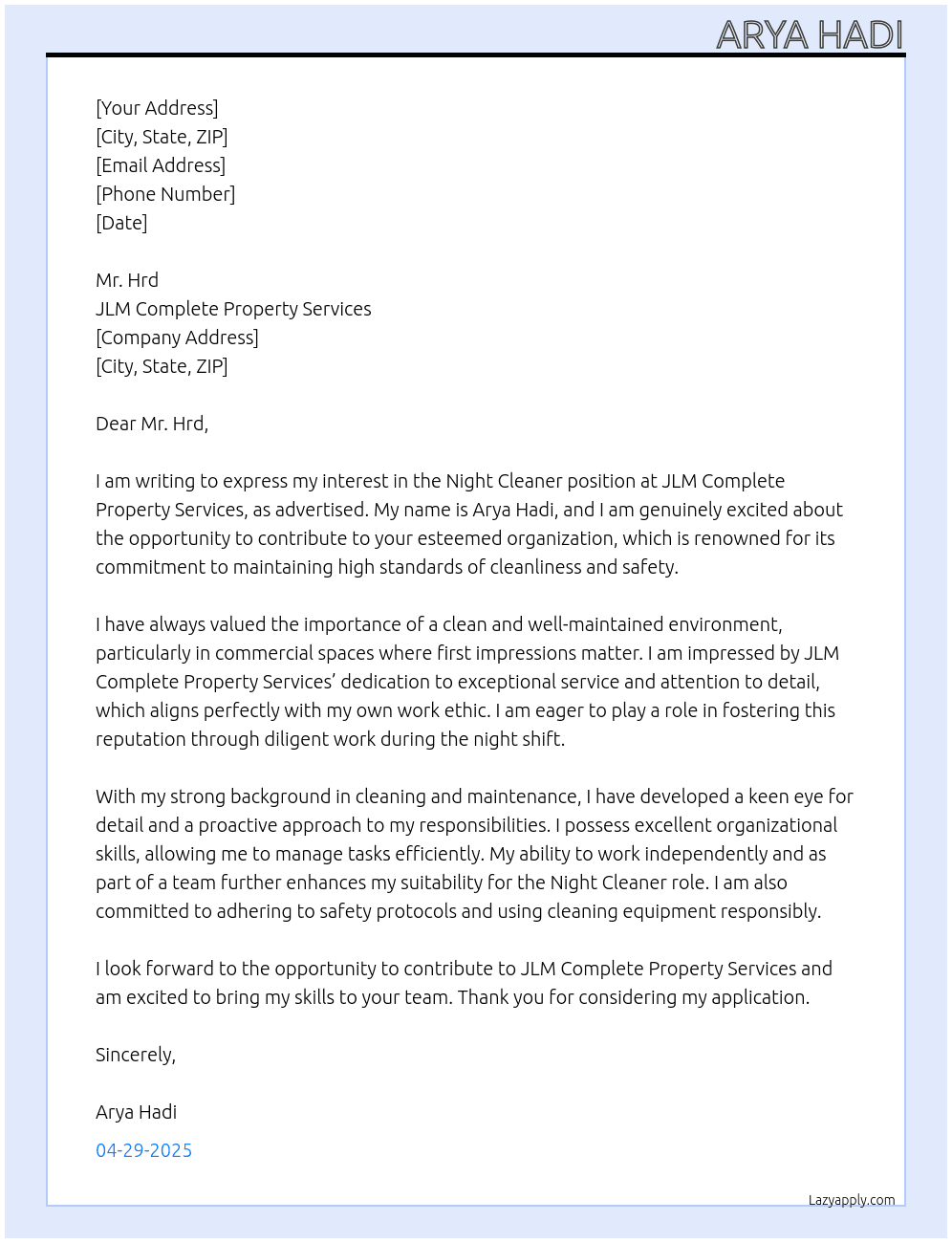 Night Cleaner At JLM Complete Property Services Cover Letter