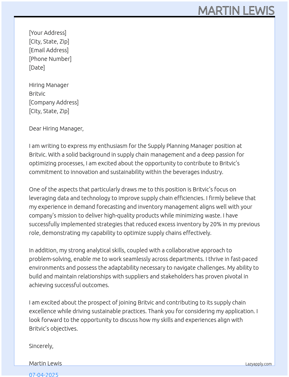 Supply Planning Manager At Britvic Cover Letter