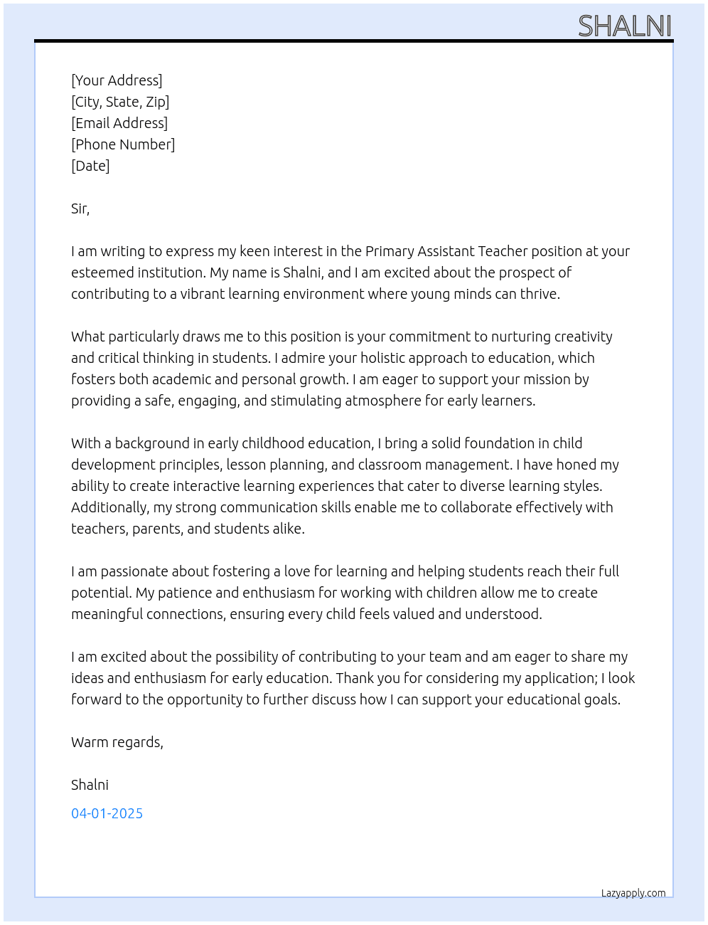 Primary assistant teacher  At Primary assistant teacher  Cover Letter