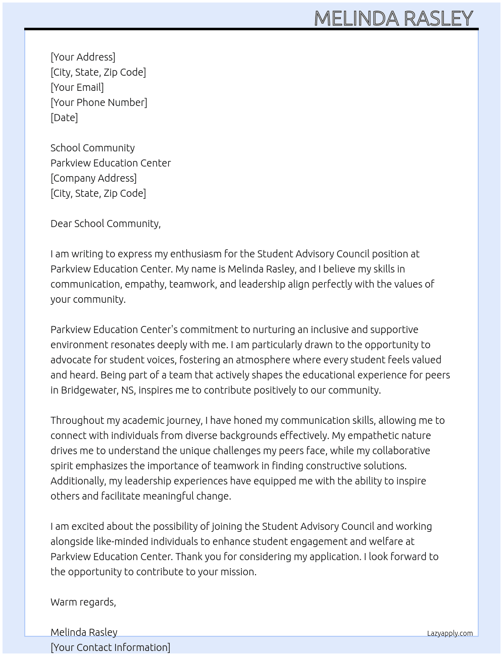 Cover letter for student advisory council - LazyApply