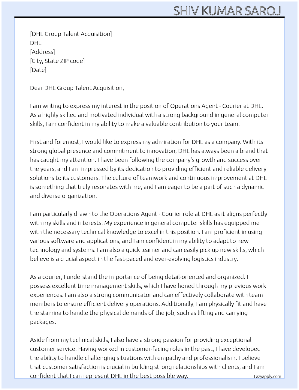 Cover letter for operations agent - courier - LazyApply