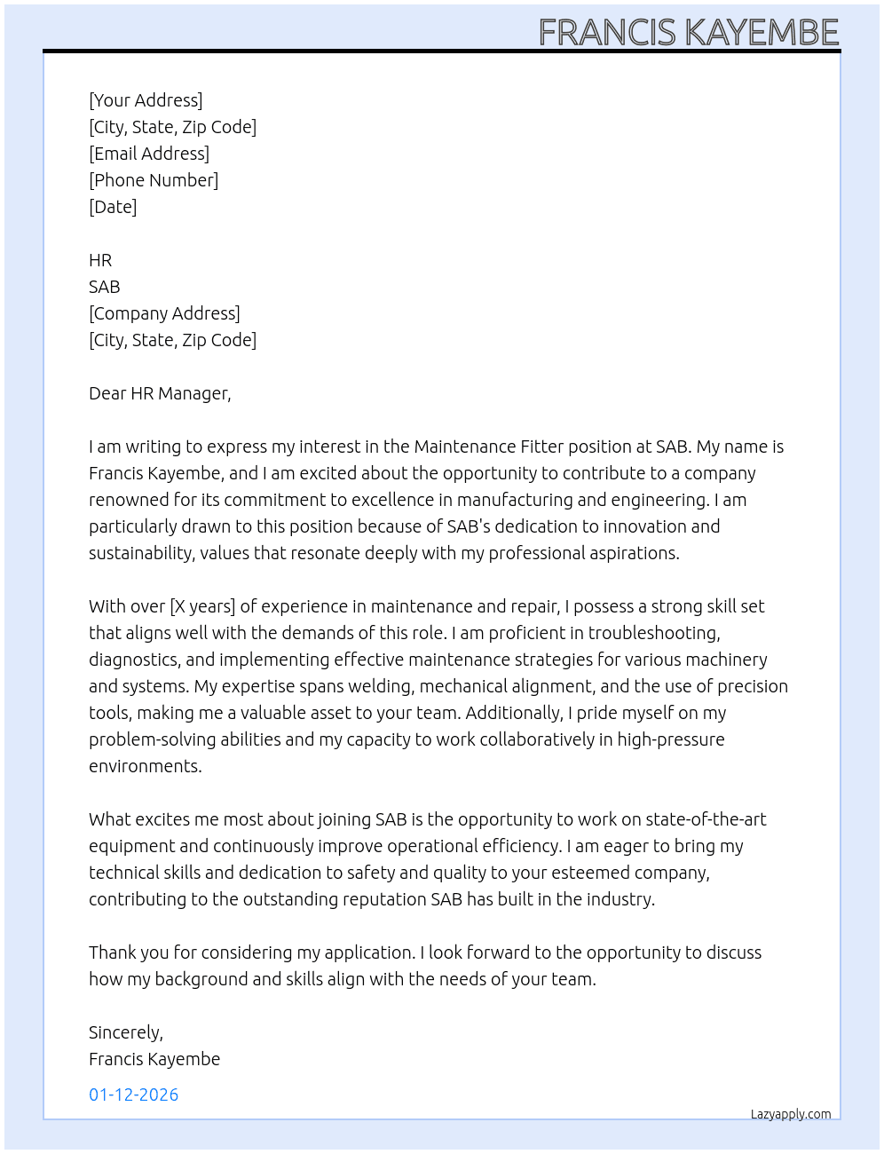 maintenance fitter At sab  Cover Letter