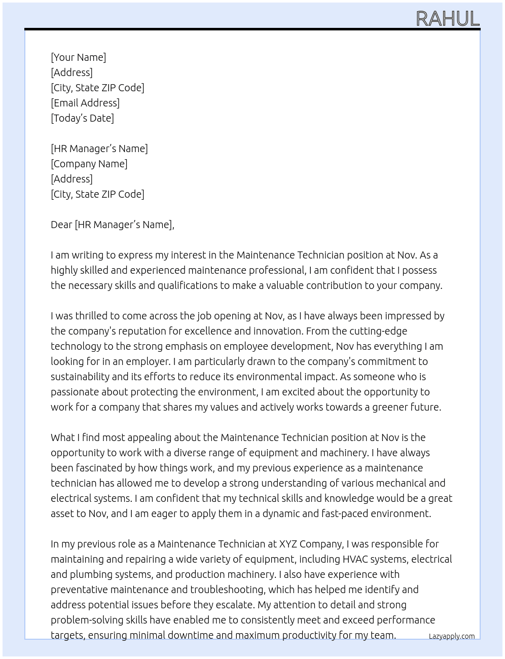Maintenance technician  At Nov Cover Letter