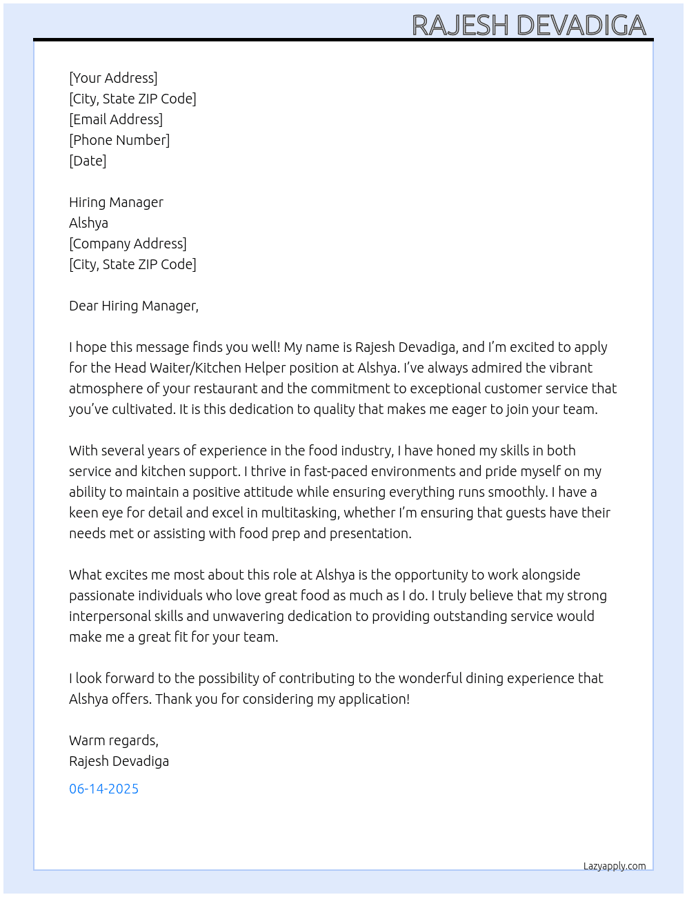 Food department  At Alshya  Cover Letter