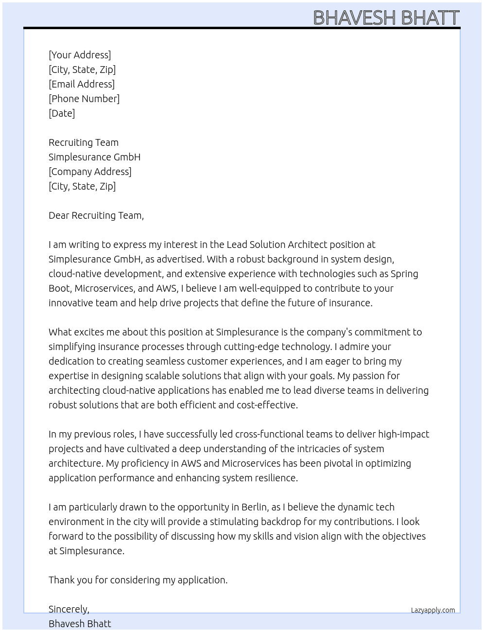 Cover letter for lead solution architect - LazyApply
