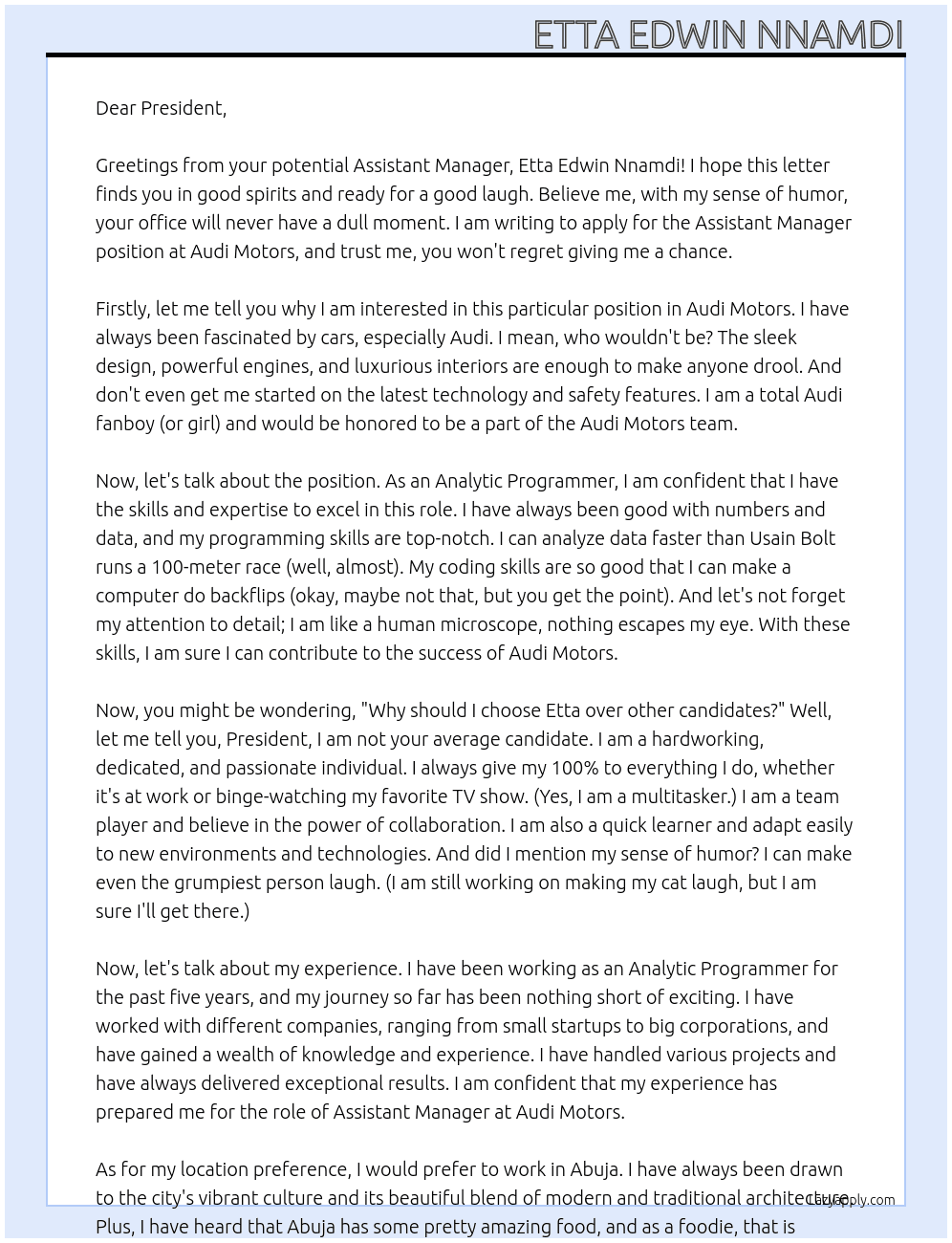 Assistant Manager At Audi Motors Cover Letter