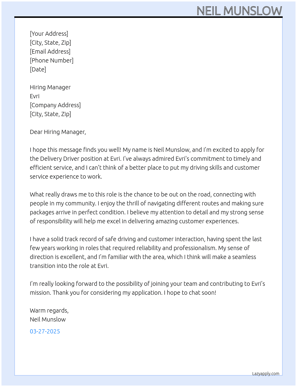 Delivery Driver At Evri Cover Letter