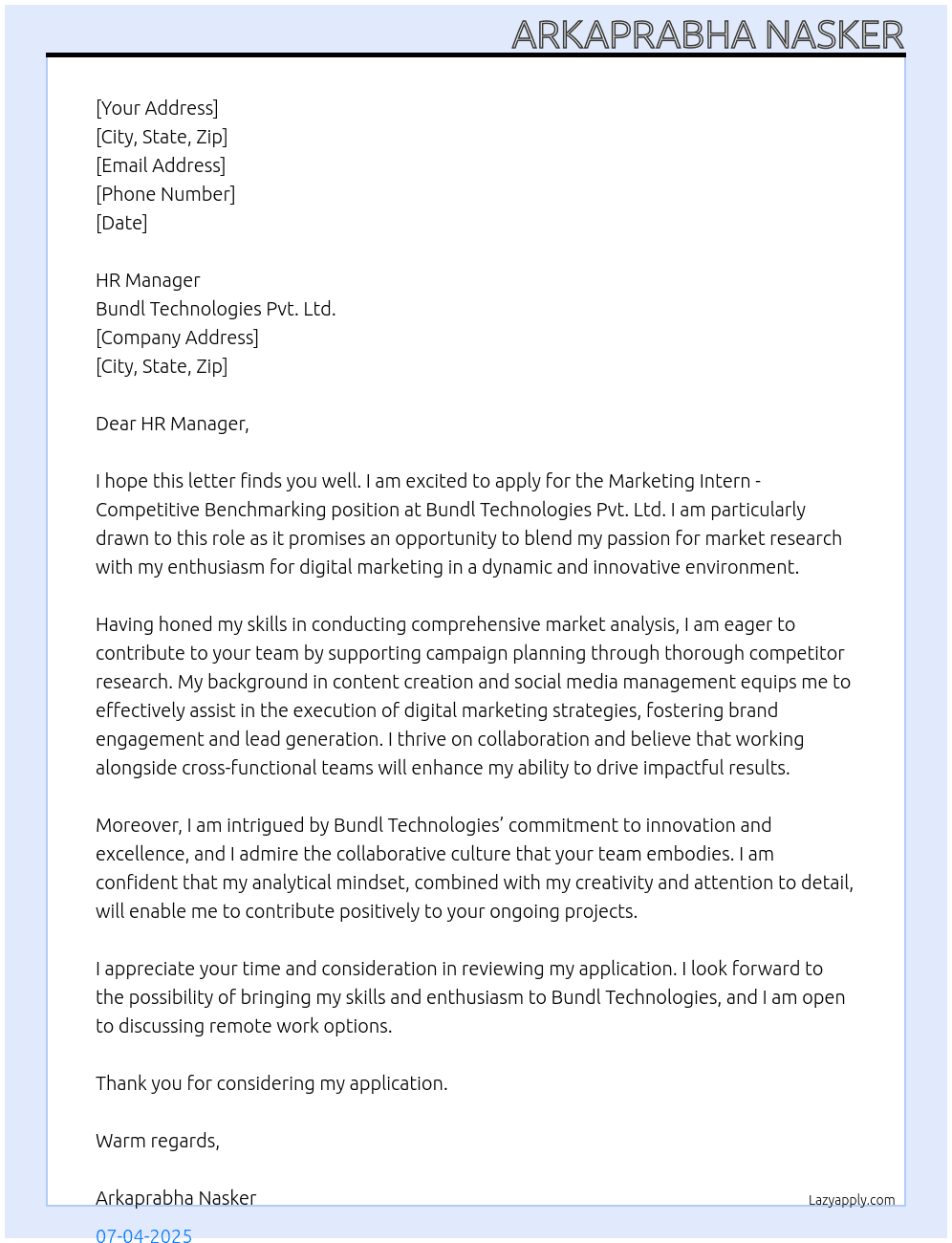 Marketing Intern - Competive Benchmarking At Bundl Technologies Pvt. Ltd.  Cover Letter