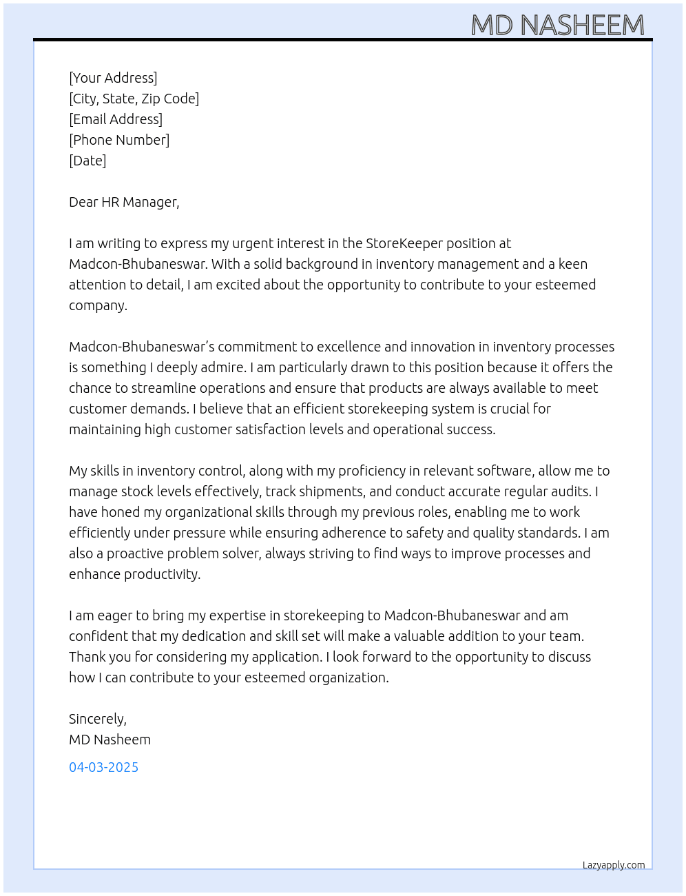 StoreKeeper  At Madcon-Bhubaneswar Cover Letter