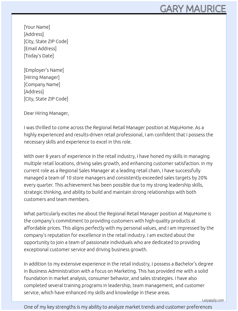 Regional Retail Manager At MajuHome Cover Letter