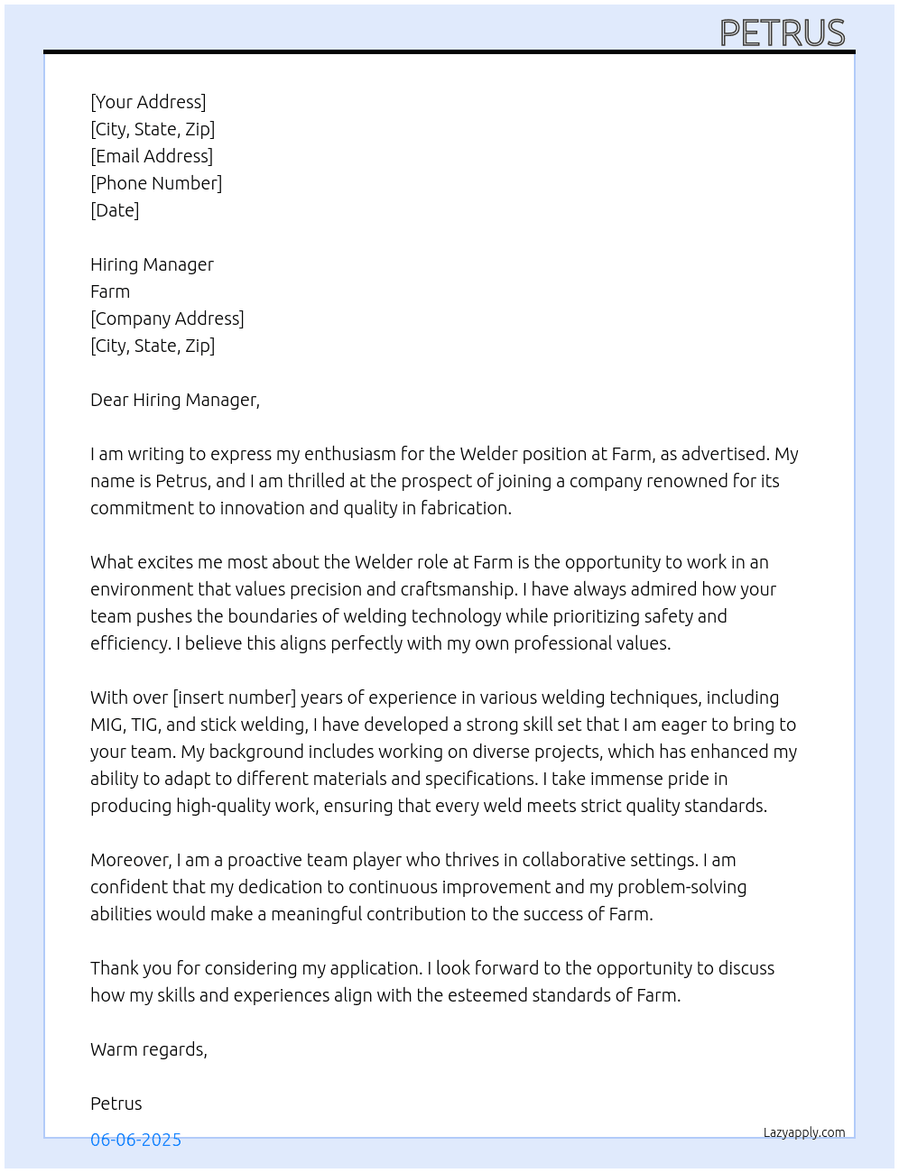 Welder At Farm Cover Letter