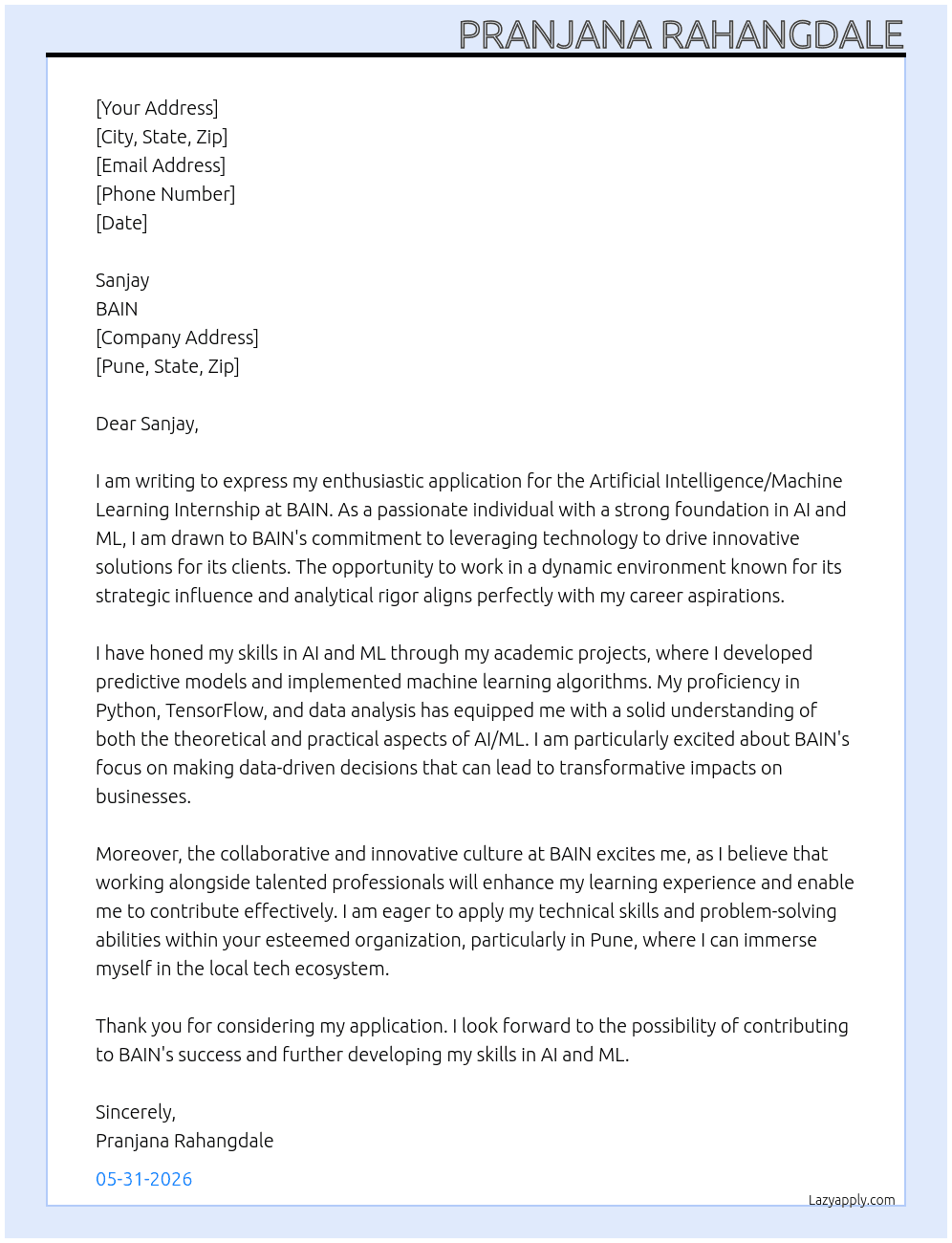 Artificial Intelligence/Machine Learning  Internship Application At BAIN Cover Letter
