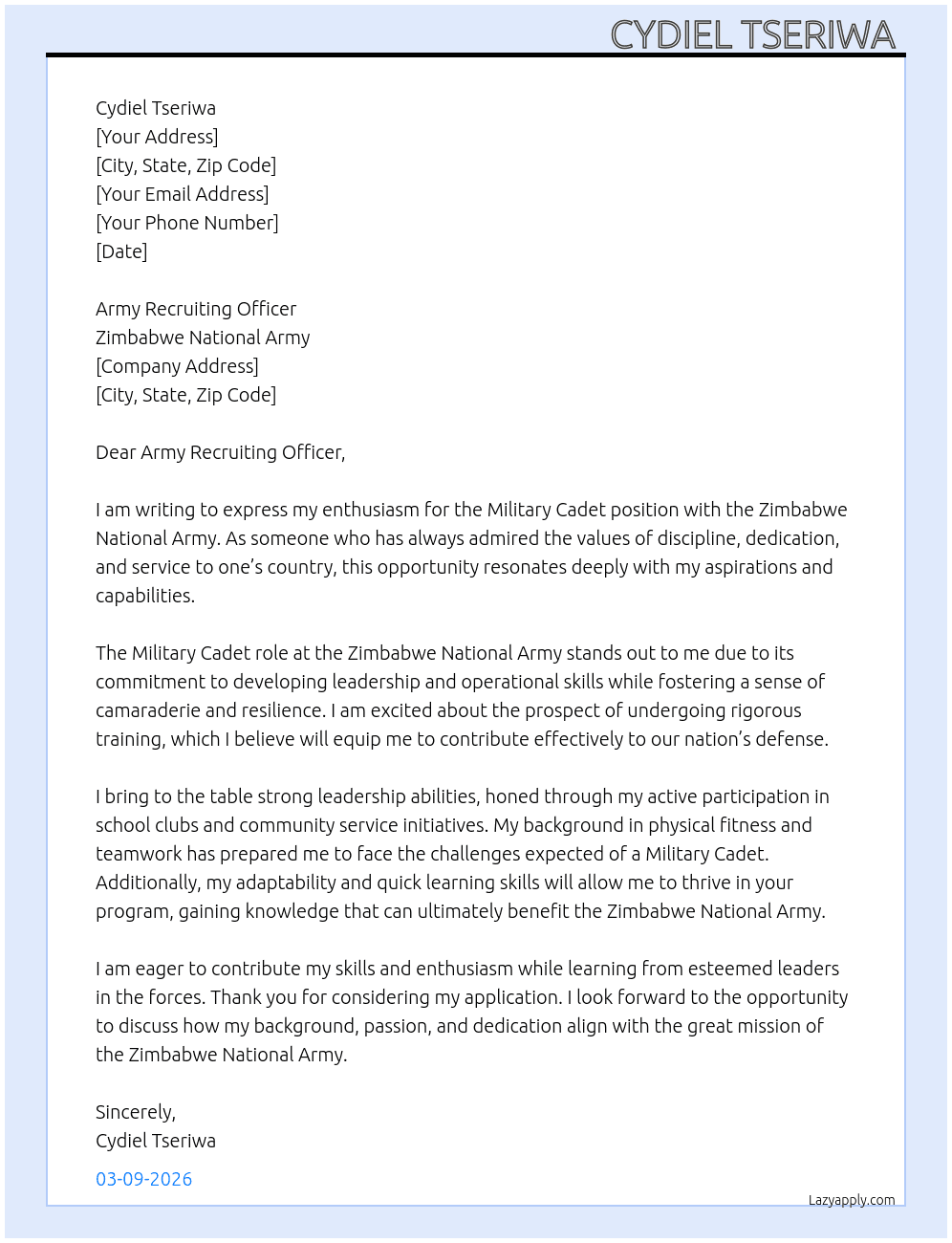 Military Cadet At Zimbabwe National Army  Cover Letter