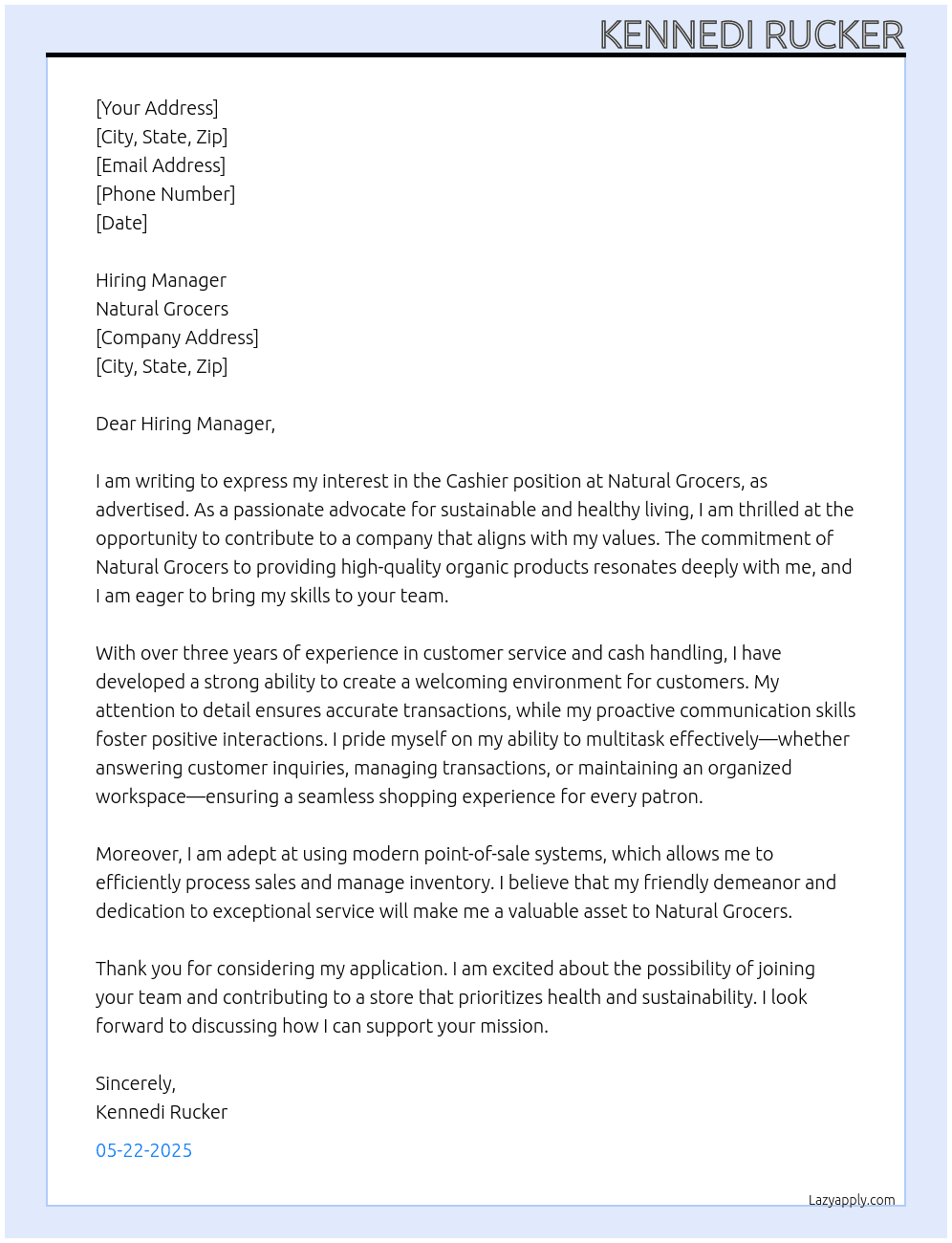 Cashier At Natural Grocers Cover Letter
