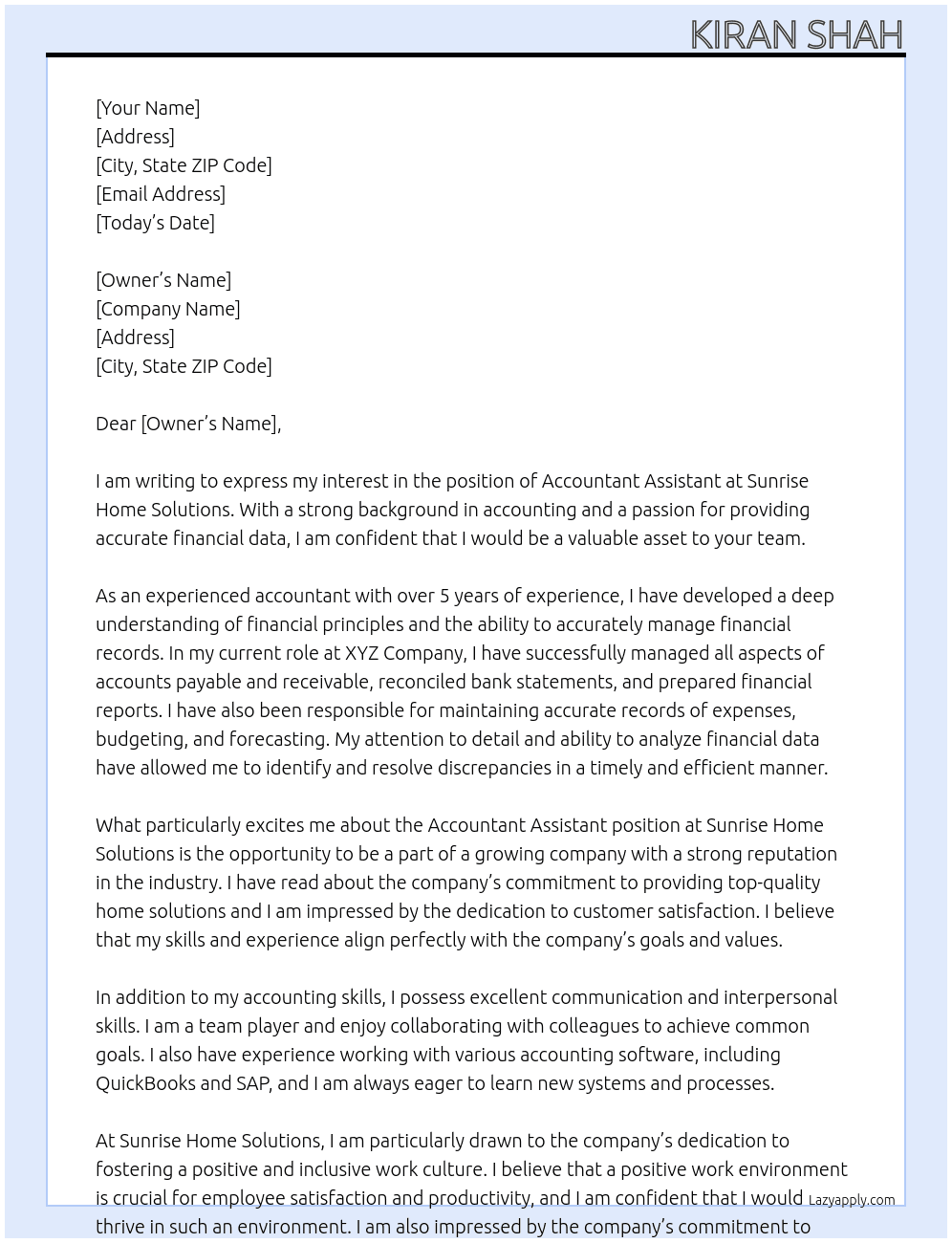 accountant assitant At Sunrise Home Solutions Cover Letter