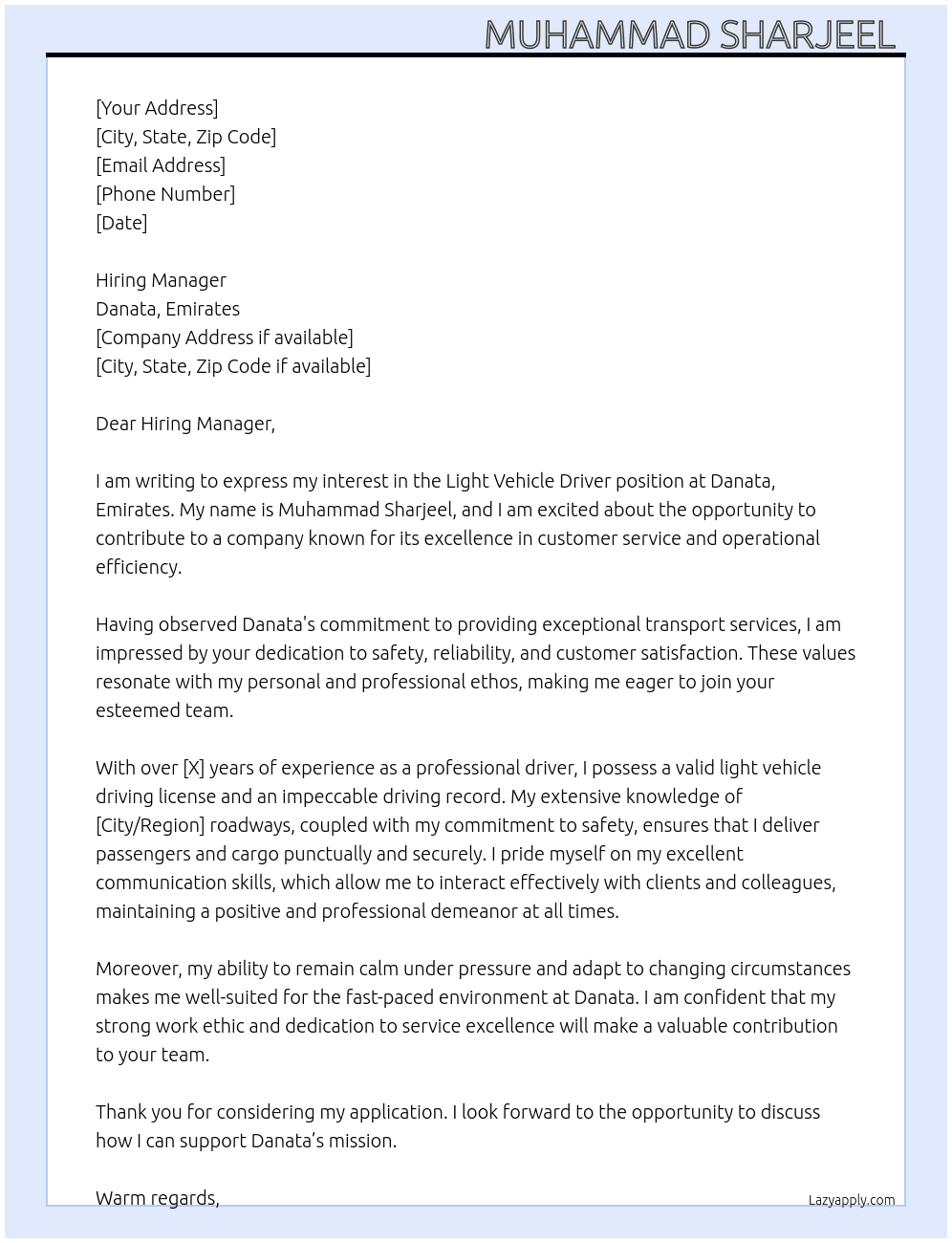 Light Vehicle driver  At Danata, Emirates  Cover Letter