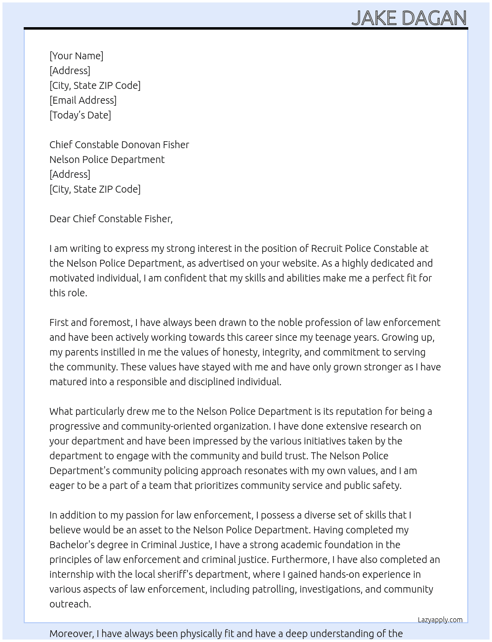 Recruit Police Constable At Nelson Police Department Cover Letter