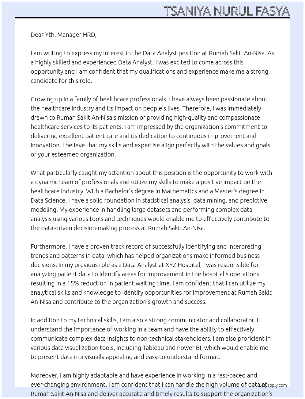 Data Analyst At Rumah Sakit An-Nisa Cover Letter