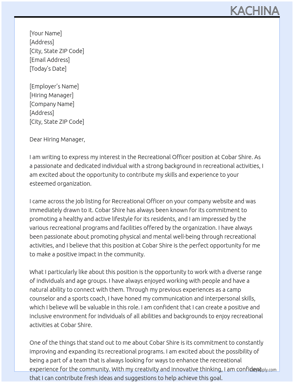 Recreational officer At Cobar shire Cover Letter