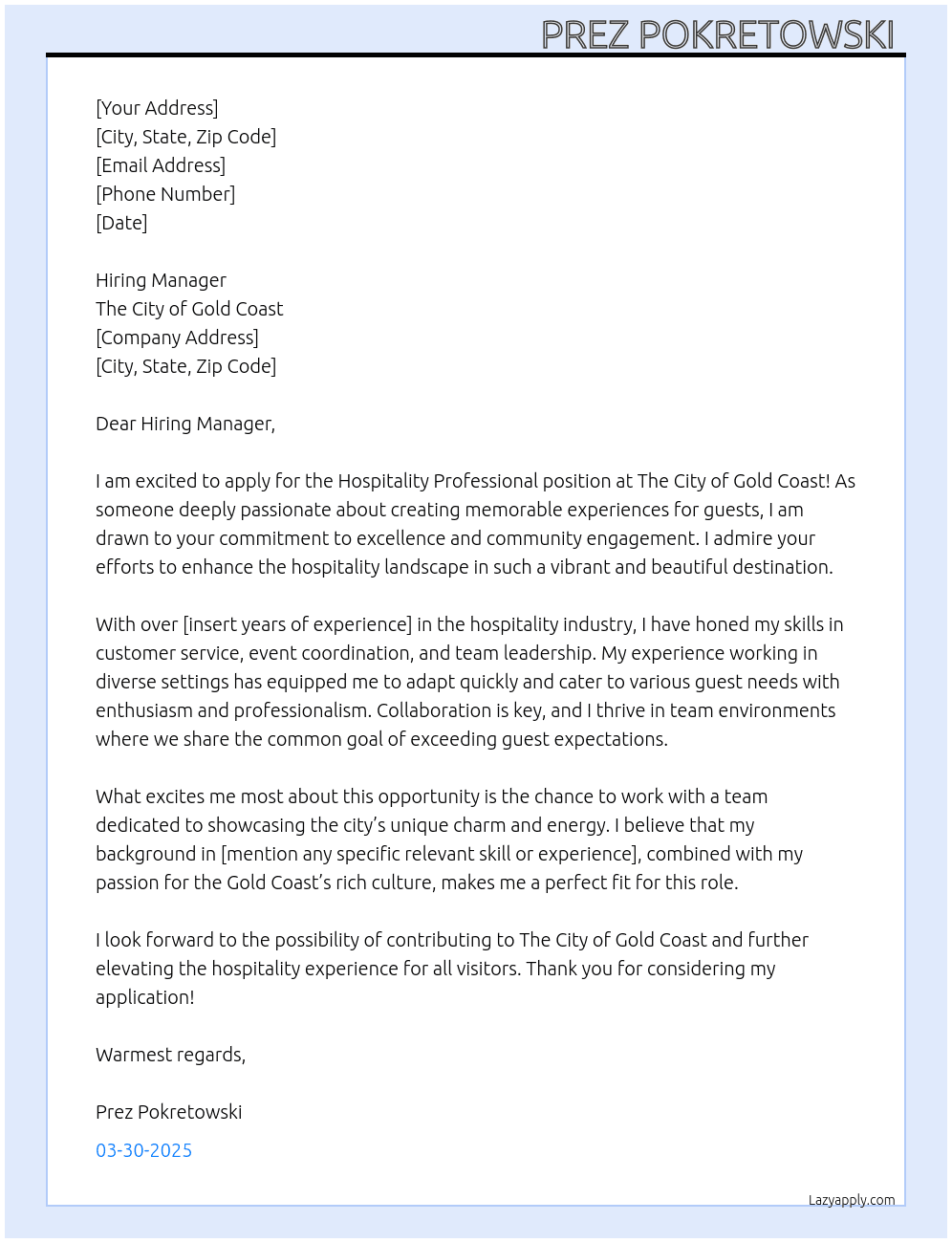 Cover letter for hospitality professional - LazyApply
