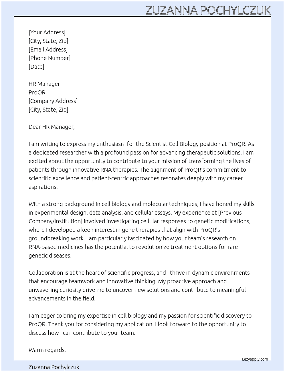 Scientist Cell Biology At ProQR Cover Letter
