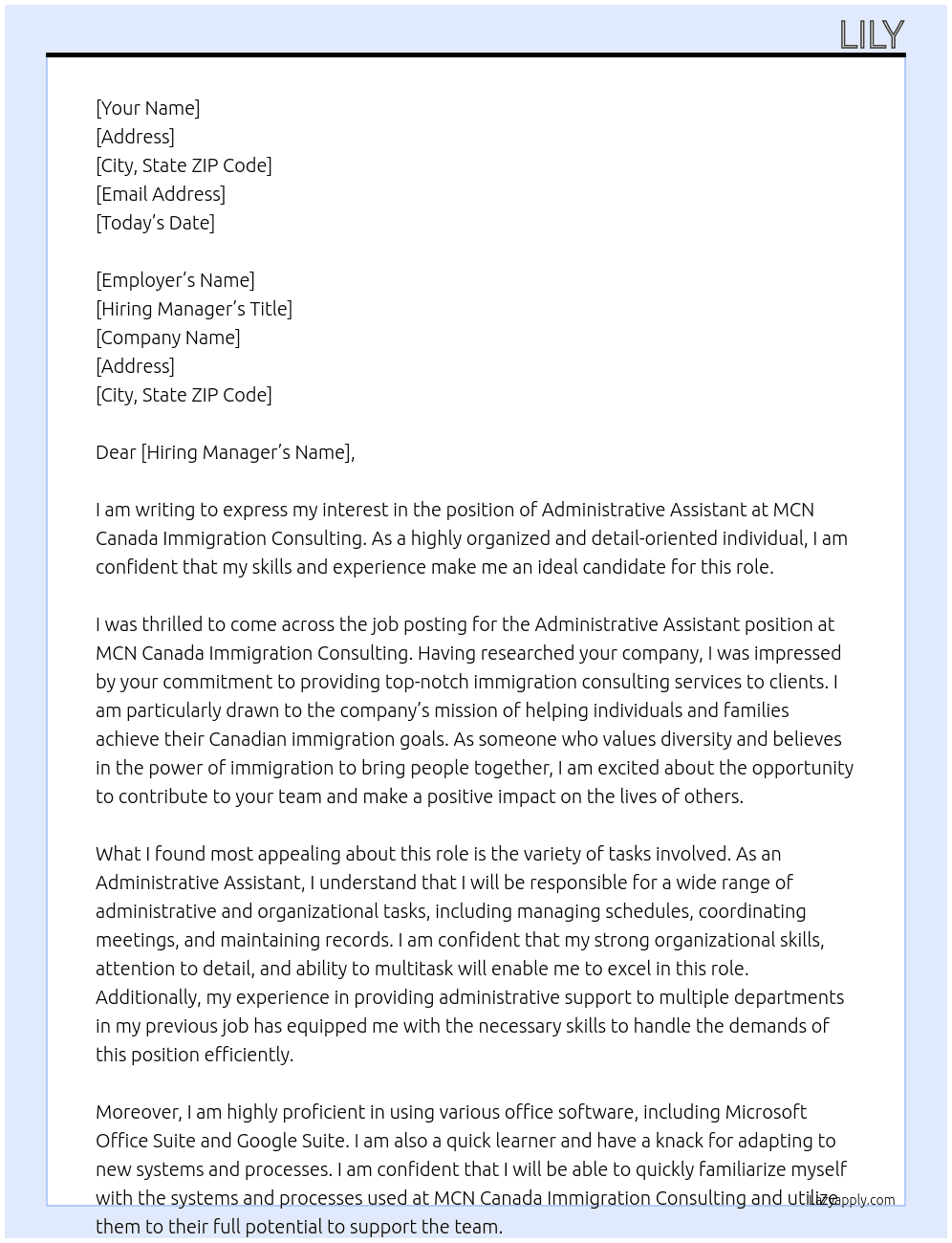 administrative assistant At MCN canada immigration conuslting Cover Letter