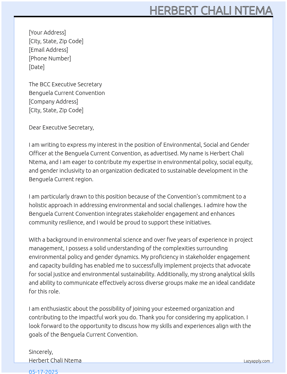 Environmental, Social and Gender Officer At Benguela Current Convention Cover Letter