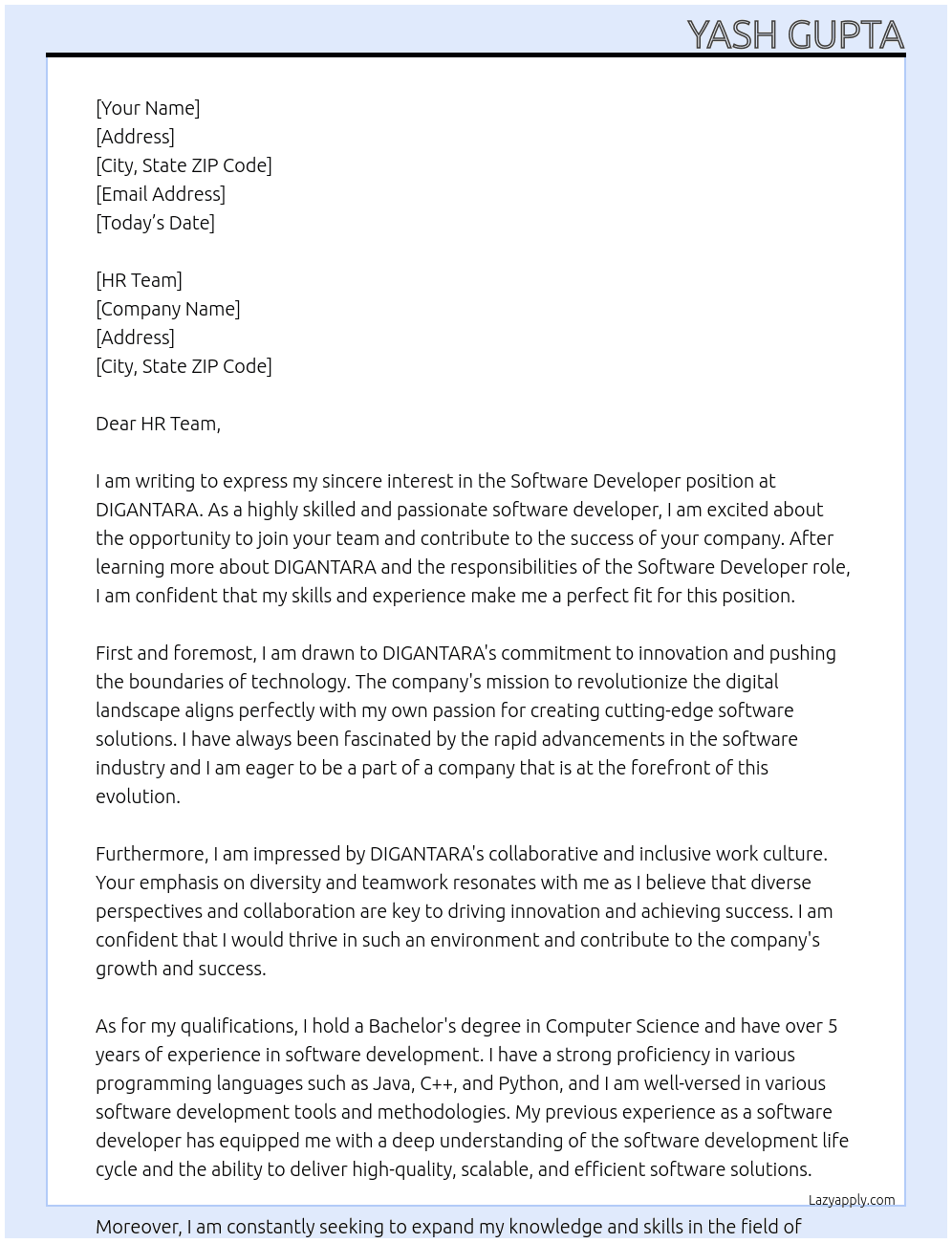 Software Developer At DIGANTARA Cover Letter