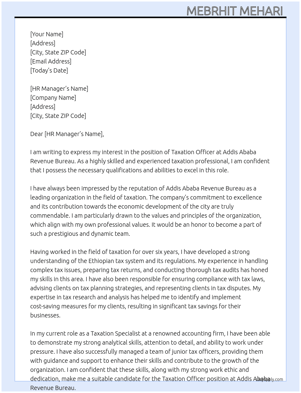 Cover letter for taxation officer - LazyApply