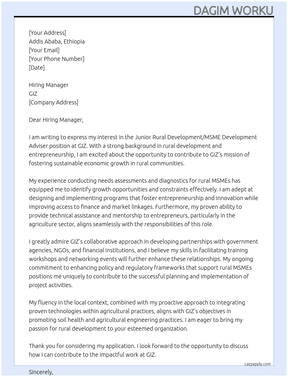 Junior Rural Development/MSME development Adviser At giz Cover Letter