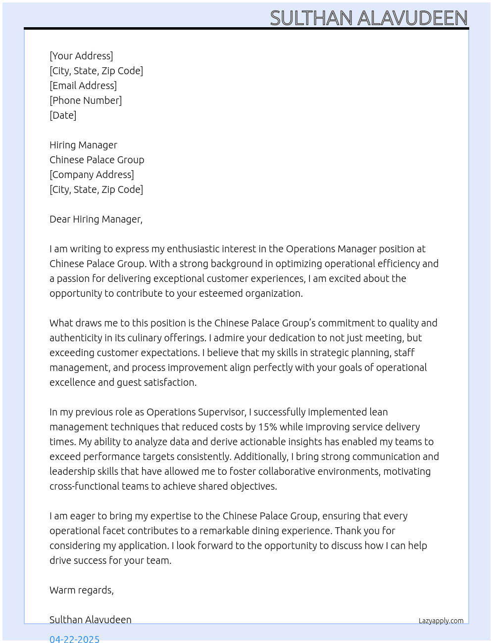 Operations manager At Chinese palace Group Cover Letter
