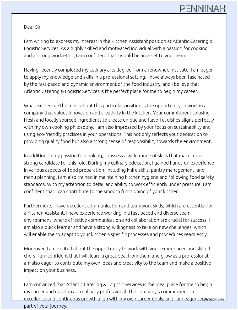 Kitchen Assistant At Atlantic Catering & Logistic Services Cover Letter