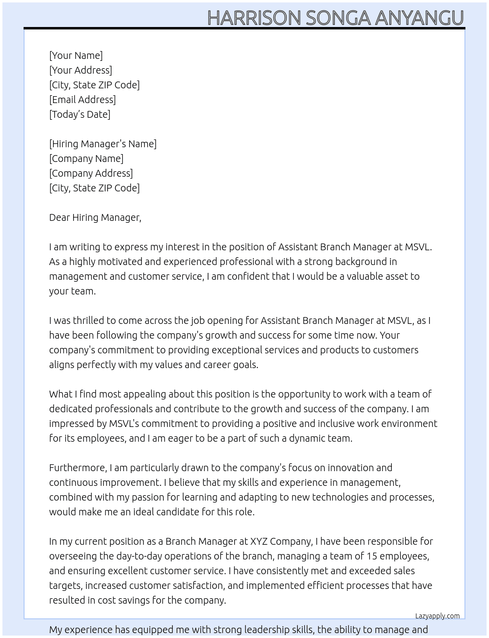 Cover letter for assistant branch manager - LazyApply