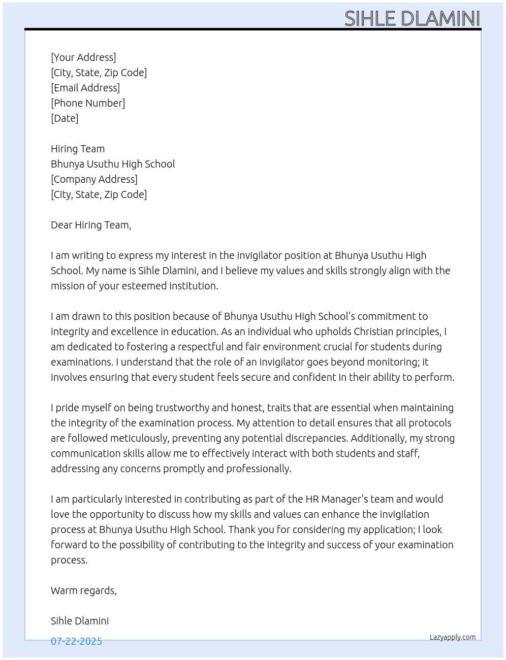 invigilator At Bhunya Usuthu High School Cover Letter