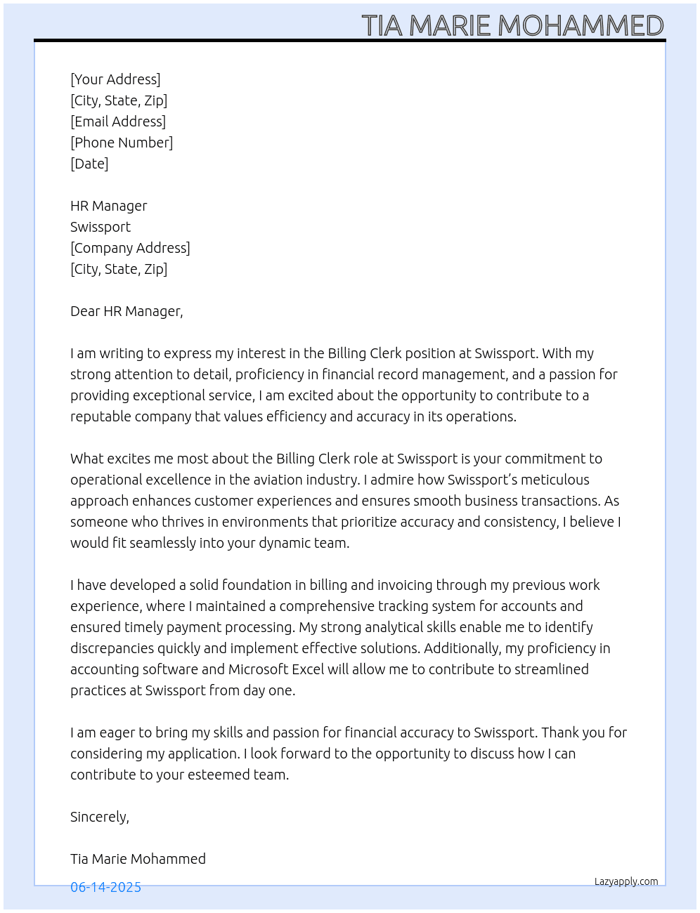 Billing Clerk At Swissport Cover Letter