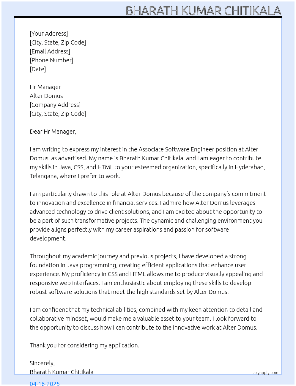 Associate Software Engineer At Alter Domus Cover Letter