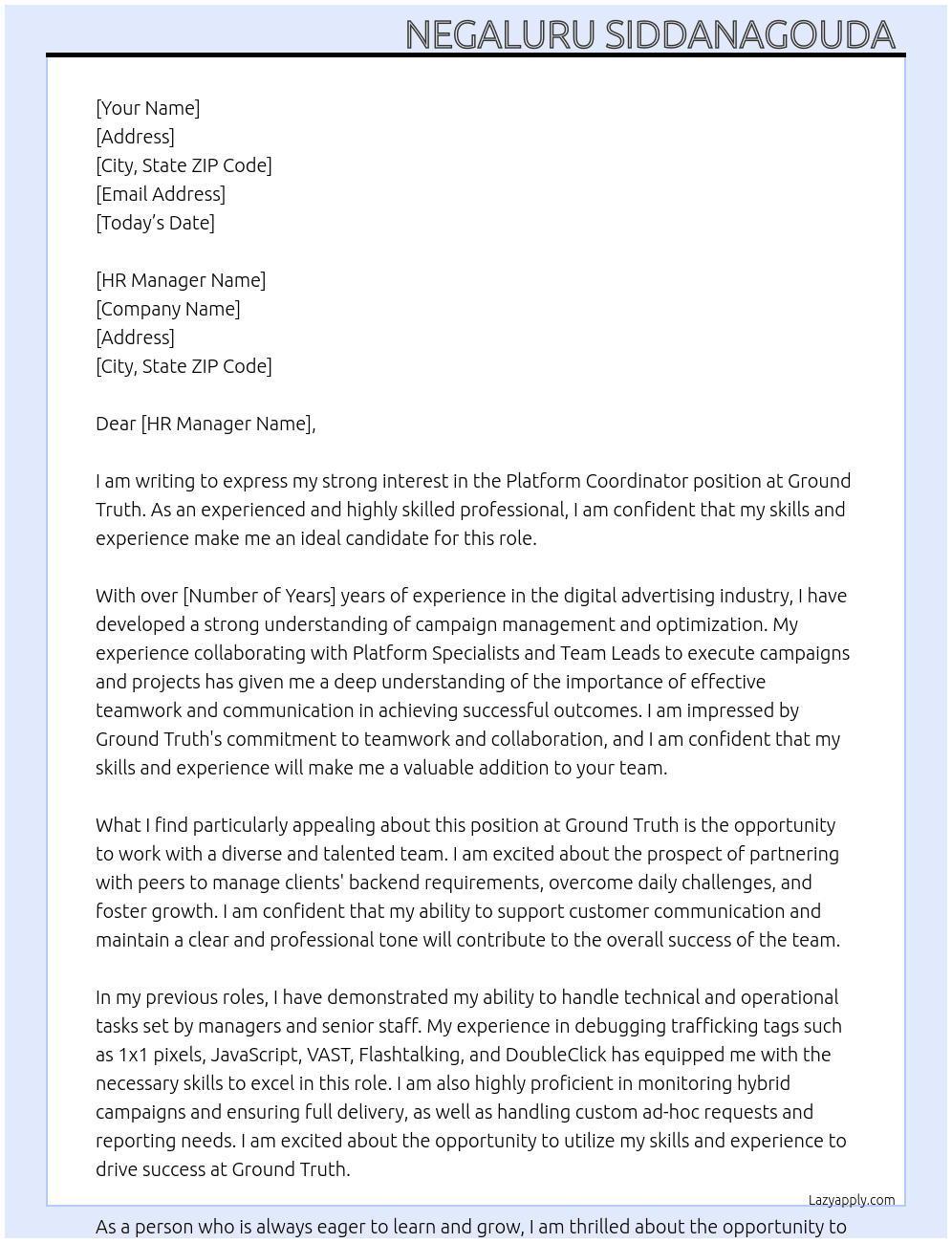 Platform coordinator  At Ground truth  Cover Letter