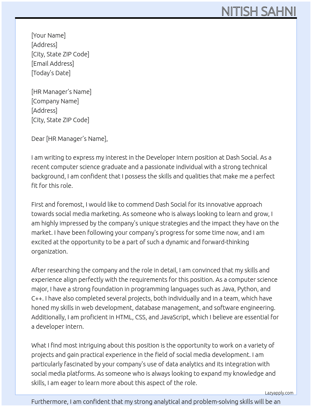 Cover letter for developer intern - LazyApply