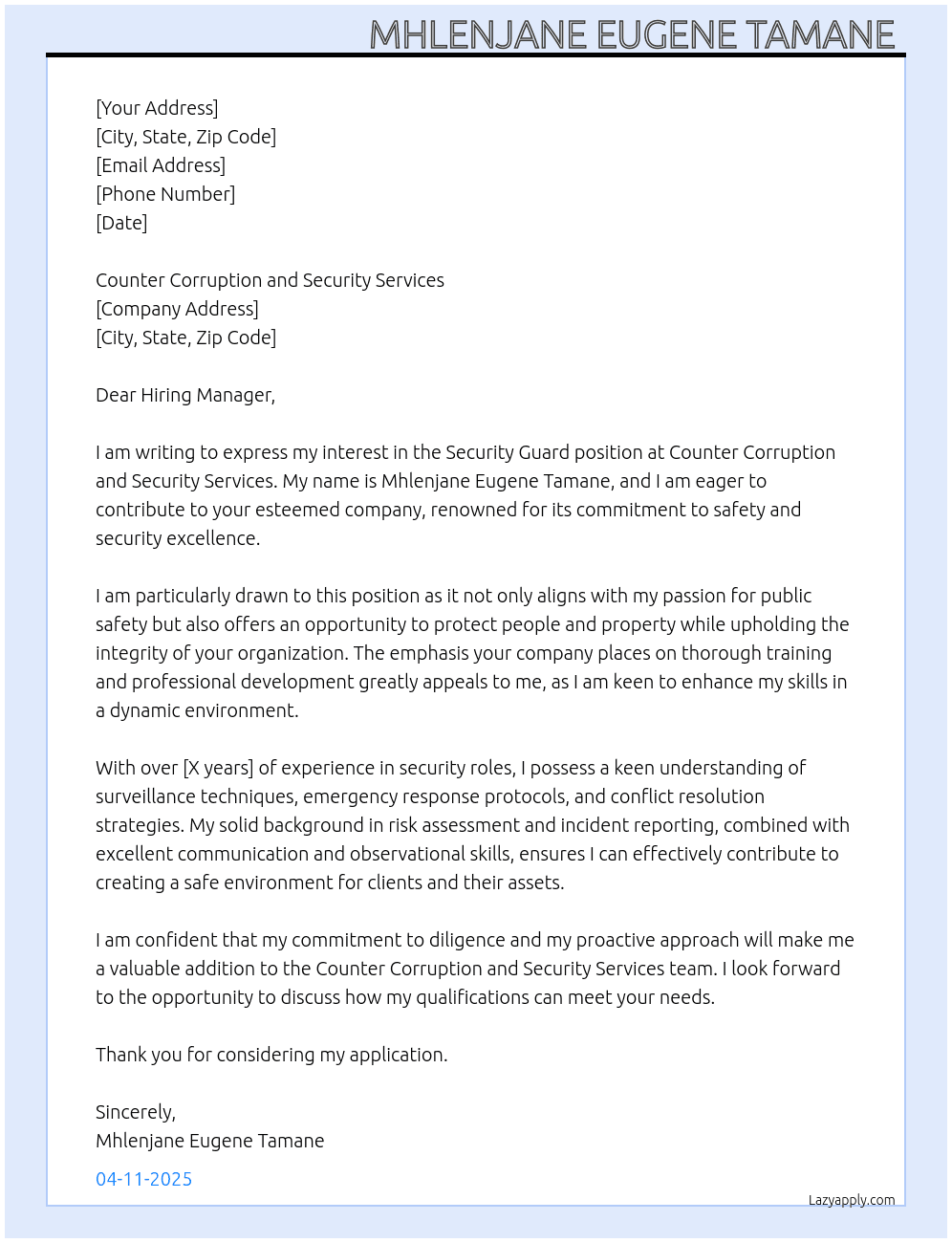 Security guard  At Security guard  Cover Letter
