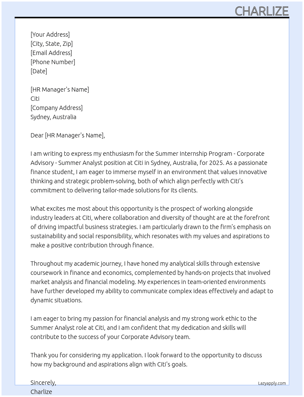 Summer Internship Program - Corporate Advisory - Summer Analyst, Sydney Australia (APAC) - 2025 At Citi Cover Letter