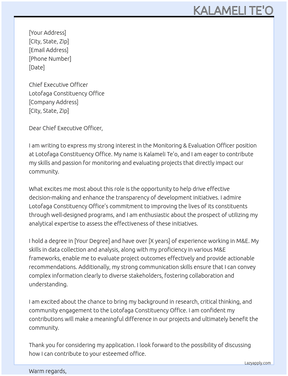 Monitoring & Evaluation Officer At LOTOFAGA CONSTITUENCY OFFICE Cover Letter