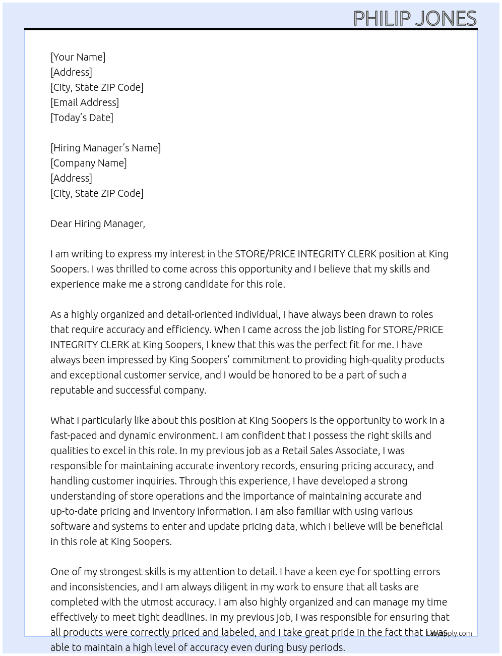 STORE/PRICE INTEGRITY CLERK At King Soopers Cover Letter